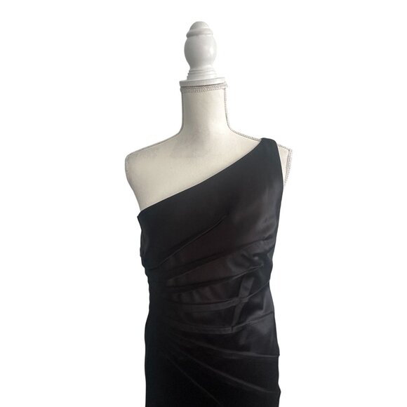 DAVID MEISTER Black Satin One Shoulder Cocktail Dress Size 8 - Picture 10 of 11